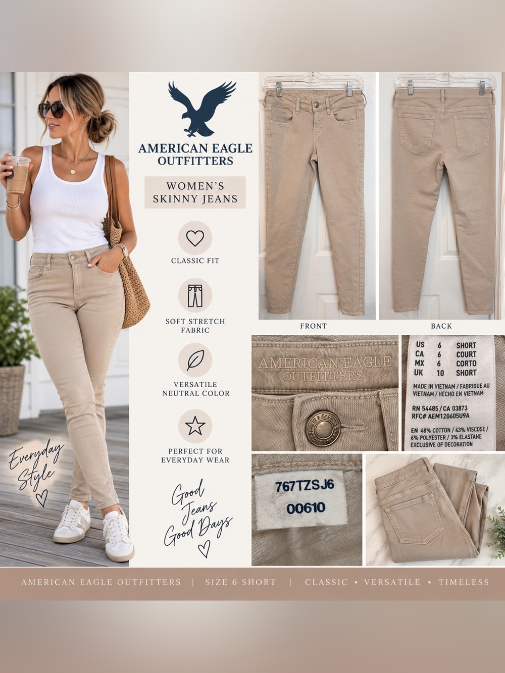 American Eagle Outfitters Khaki Skinny Jeans Women’s 6 Short Stretch